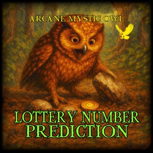 May include: An illustration of a brown owl with wide eyes and an open beak, holding a stone. The text "Arcane Mystic Owl" is at the top, and "Lottery Number Prediction" is at the bottom. A yellow owl is flying in the background.