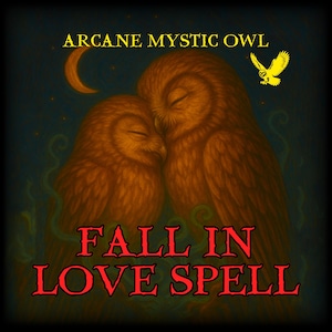 Peut inclure: Illustration de deux hiboux bruns se blottissant l'un contre l'autre, les yeux fermés. Le texte « Arcane Mystic Owl » et « Fall in Love Spell » est affiché. Un hibou jaune vole, et un croissant de lune est visible.