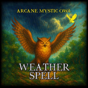 Puede incluir: Ilustración de un búho con las alas extendidas, sobre un fondo de cielo tormentoso y árboles verdes. El texto "Arcane Mystic Owl" y "Weather Spell" se muestra en letras doradas.