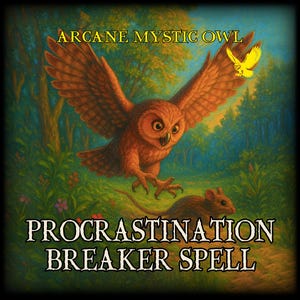 May include: An illustration of a brown owl with outstretched wings, hovering above a brown mouse. The text "ARCANE MYSTIC OWL" is at the top, and "PROCRASTINATION BREAKER SPELL" is at the bottom. The background features a forest scene.