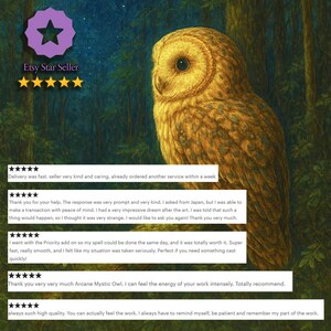 May include: An Etsy Star Seller image featuring a detailed illustration of an owl with golden-brown feathers. The owl is set against a backdrop of a forest. The image includes customer reviews and the text "Etsy Star Seller".