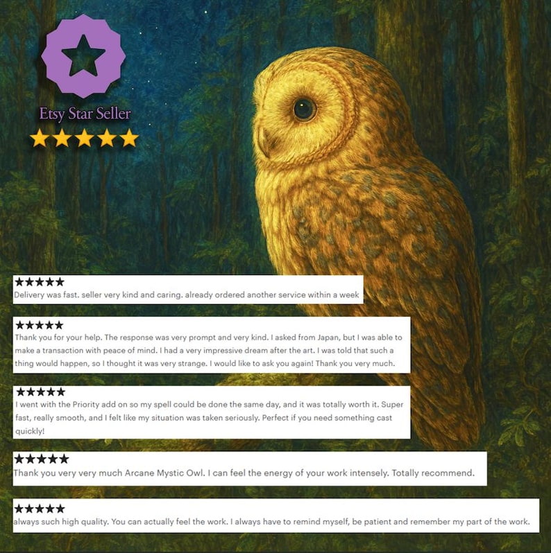 May include: An Etsy Star Seller image featuring a detailed illustration of an owl with golden-brown feathers. The owl is set against a backdrop of a forest. The image includes customer reviews and the text "Etsy Star Seller".