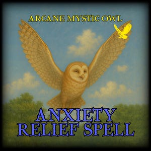 Puede incluir: Ilustración de un gran búho con las alas extendidas sobre un cielo azul con nubes. El texto "ARCANE MYSTIC OWL" está en la parte superior y "ANXIETY RELIEF SPELL" en la inferior. Un búho amarillo más pequeño vuela cerca del búho más grande.