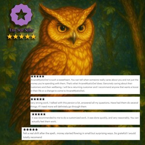 May include: An illustration of a golden owl with detailed feather textures. The image includes a purple star-shaped badge with the text "Etsy Star Seller" and customer reviews. The owl is set against a blurred green background.