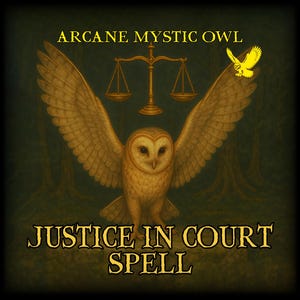 Pode incluir: Ilustração de uma grande coruja com as asas abertas, uma pequena coruja amarela e uma balança dourada. O texto diz "Arcane Mystic Owl" e "Justice in Court Spell" em letras douradas sobre um fundo escuro.
