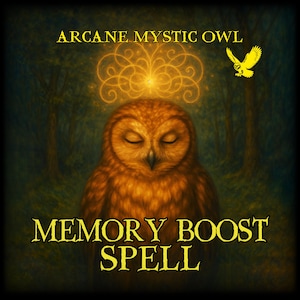 Könnte beinhalten: Illustration einer braunen Eule mit geschlossenen Augen, vor einem dunklen grünen Hintergrund. Die Texte "Arcane Mystic Owl" und "Memory Boost Spell" sind in Gold geschrieben. Eine kleine gelbe Eule ist ebenfalls abgebildet.
