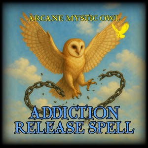 Puede incluir: Ilustración de un búho dorado con las alas extendidas, un pequeño búho amarillo y una cadena rota. El texto en la parte superior dice "Arcane Mystic Owl" y el texto en la parte inferior dice "Addiction Release Spell". El fondo es un cielo azul con nubes.