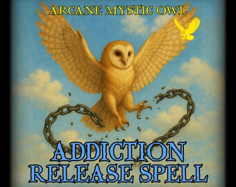 May include: An illustration of a golden owl with outstretched wings, a small yellow owl, and a broken chain. The text at the top reads "Arcane Mystic Owl" and the text at the bottom reads "Addiction Release Spell". The background is a blue sky with clouds.