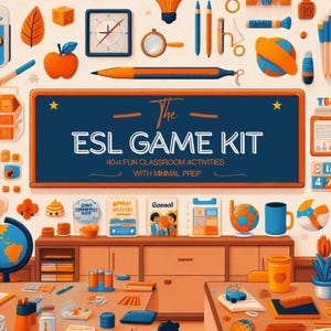 Può includere: Illustrazione di un'aula con vari materiali scolastici e il testo "The ESL GAME KIT". L'immagine include un mappamondo, matite, libri e un orologio, il tutto in una calda tavolozza di colori.