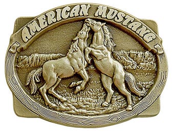 Wild American Mustangs Solid Brass Belt Buckle | Running Horses Prairie | Equestrian Gift