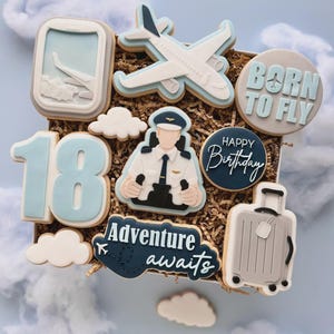 Könnte beinhalten: Eine Sammlung dekorierter Zuckerkekse in einer Box, die zum Geburtstag eines Piloten gestaltet sind. Die Kekse zeigen ein Flugzeug, einen Piloten, die Zahl 18, Wolken, einen Koffer und die Sätze "Born to Fly", "Happy Birthday" und "Adventure awaits".