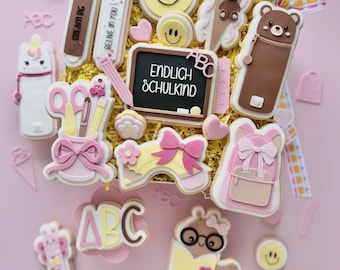 Danis Drip Cookie Cutter Einschulung Abc 123 stifte mäppchen Schultüte rucksack Einhorn Dino Bücherwurm Schulbus Skateboard Ausstecher