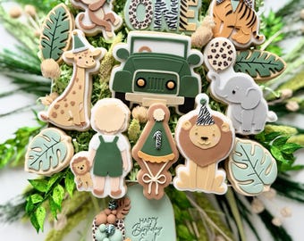 Danis Drip -Safari / Wild One – Cookie Cutter & Stempel (STL) Elefant Giraffe Tiger Affe Löwe Geländewagen Kind Luftballon Partyhut Girlande