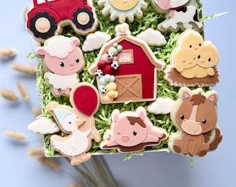 Danis Drip Bauernhof – Cookie Cutter & Stempel (STL)Küken ent mit Luftballon, Traktor, Kuh, Schaf, Schweinchen, Pferd, Sonne, Bauernhof