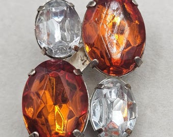 Vintage Rhinestone Brooch Orange Clear Oval Tiered Cluster Silver Tone Glam