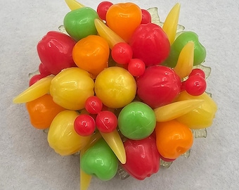 Vintage Hong Kong Fruit Cluster Brooch Colorful Kitsch Fruitcore Retro Plastic