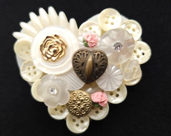 Heart Button Brooch Collage Cream Pink Handmade Kitchy Granny  Cottage Upcycled