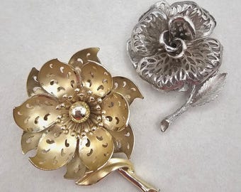 Vintage Flower Brooches Lisner Coro Silver and Gold Tone Floral Botanical Nature
