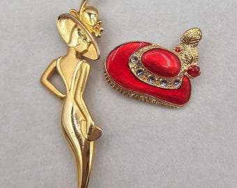 Vintage Fashion Brooch 2pc Lady Remington JJ Gold Tone Lady & Red Enamel Hat Pin