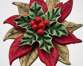 Vintage Poinsettia Brooch Holly Red Green Gold Tone Christmas Mary on Back