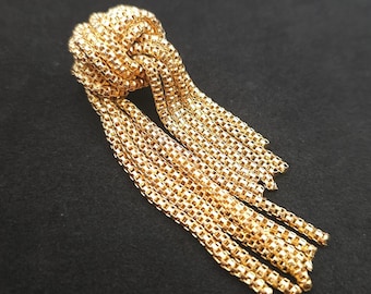 Vintage Gold Tone Knotted Tassel Brooch Statement Fringe Pin Uneven Cascade