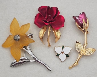 Floral Brooch Lot 4pc Rose Red Yellow Mixed Materials styles LC AAI Gerrito