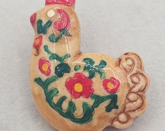 Vintage Chicken Brooch Pin Painted Floral Hen Kitsch Farmhouse Country Barnyard
