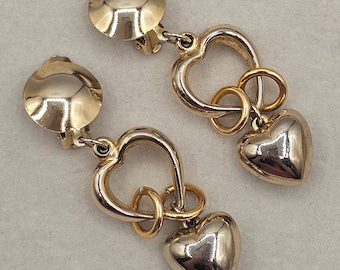 Puffy Heart Dangle Clip On Earrings Drop Retro Gold Tone Steampunk Love