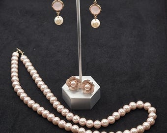 Vintage Pink Faux Pearl Necklace & Earrings Floral Blush Baby Pink Coquette