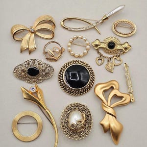 Può includere: Una collezione di spille vintage color oro in vari design. Include un fiocco con strass, un cerchio di perle e spille con accenti neri e bianchi. Le spille sono di diverse forme e dimensioni.
