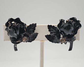 Vintage Coro Black Floral Earrings Clip On Rhinestone Rose Whimsigoth