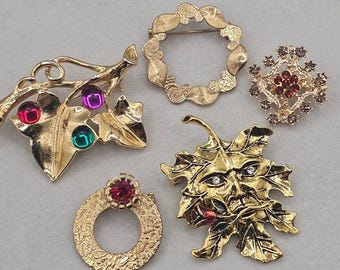 Rhinestone Brooch Lot Gold Tone Leaf Wreath Botanical 5pc Nature