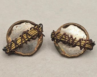 Artisan Mixed Metal Earrings Stud Industrial Rustic Brutalist Style Steampunk