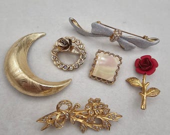 Vintage Rhinestone Brooch Lot Crescent Moon Rose Floral Faux Pearl Pins 6pc