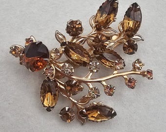 Vintage Rhinestone Brooch Floral Leaf Spray Brown AB Glass Gold Tone Autumn Fall