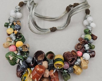 Vintage Folk Art Pottery Mug Bead Necklace Ceramic Tankard Bib Statement Boho