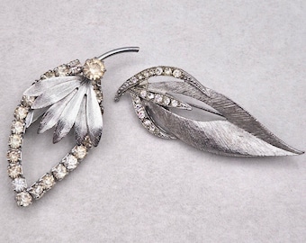 Vintage Rhinestone Leaf Brooches Silver Tone Textured Botanical Pins 2pc