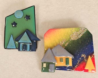 Vintage House Pins by Lucinda Resin Rainbow Night Landscape Glitter Brooch Set