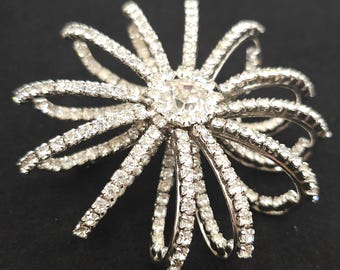 Vintage Rhinestone Starburst Brooch Silver Tone 3D Dome Ribbon Flower Pin 2.5"