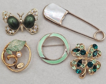 Vintage Brooch Lot Green and Gold Tone 5pc Rhinestone Butterfly Clover Enamel