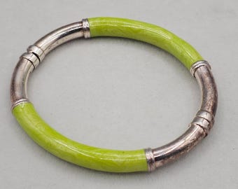 Milor Italy Sterling Silver Lime Green Enamel Clamp Bracelet READ 6.75-7"