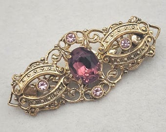 Vintage Rhinestone Filigree Brooch Purple Stone Gold Tone Victorian Style