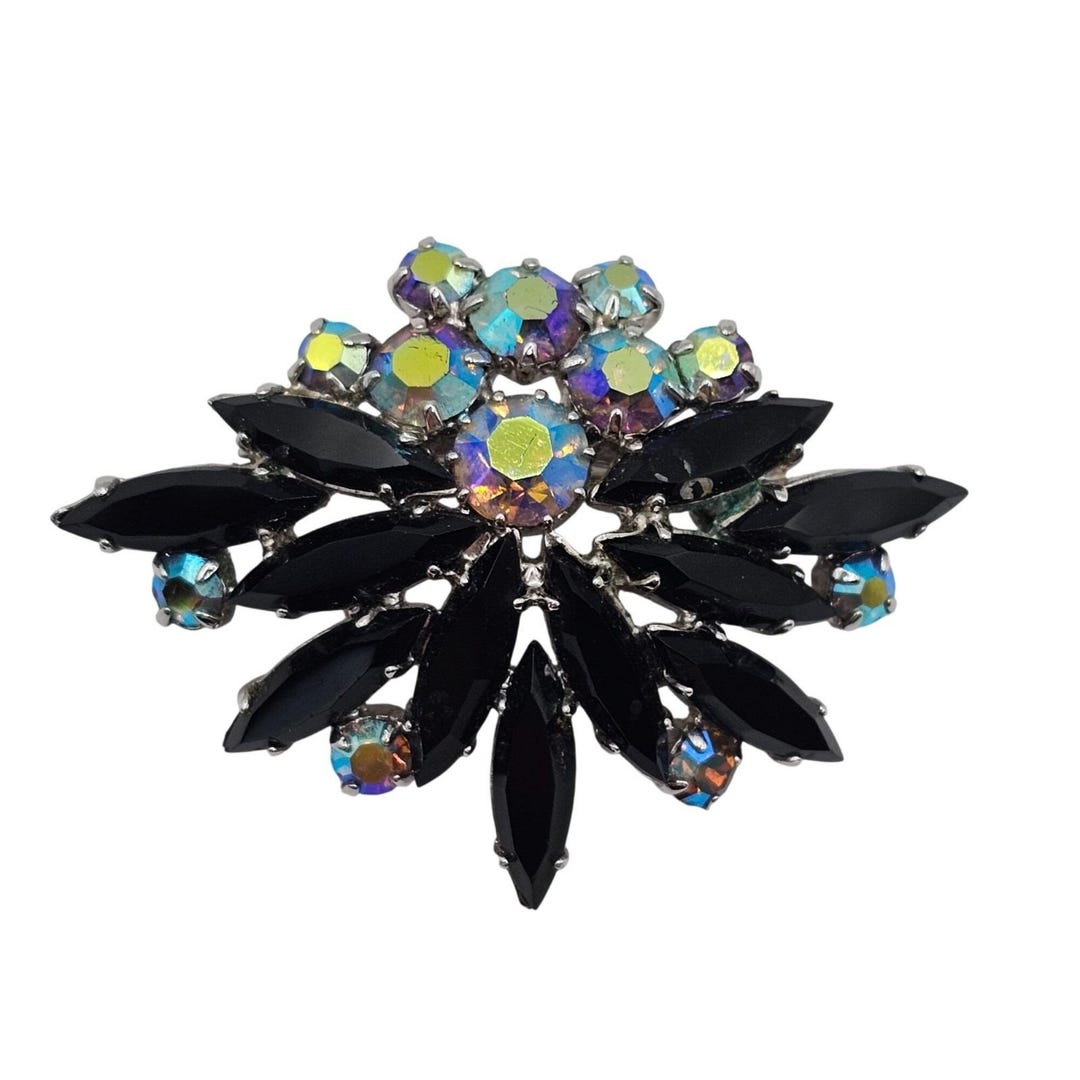 Vtg 1950s Black/ab Rhinestone Floral Spray Brooch Old Hollywood Glam ...