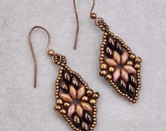 Beaded Floral Boho Dangle Earrings Mauve Purpleish Bronze Tones Earthy