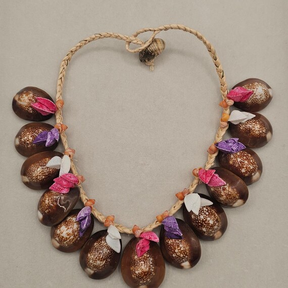 Cowrie Shell Necklace Brown Braided Palm Cord Tropical Beach Jewelry