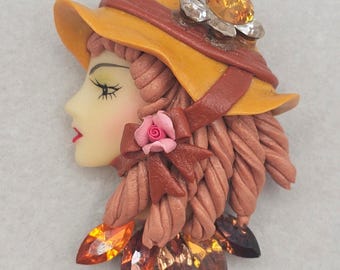 Lady Face Brooch Floral Rhinestones Artisan 3D Sculptural Southern Belle 2.5"