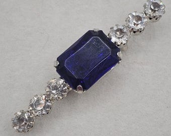 Vintage Blue Rhinestone Bar Brooch Silver Tone Clear Glass Blue Acrylic Glam