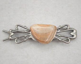 Vintage Art Nouveau Banded Stone Bar Hair Piece Silver Tone Ornate Openwork