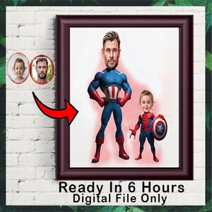 Benutzerdefinierte Super Dad und Sohn Cartoon Portrait, Super Dad Portrait, Papas Geschenk, Super Dad Karikatur, Superhelden-Karikatur, Karikatur vom Foto