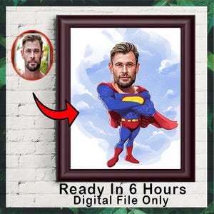 Personalisiertes Superheld-Karikaturporträt, kundenspezifische Superheld-Karikaturzeichnung vom Foto, lustige Superheld-Karikatur, Geschenk für Superheld